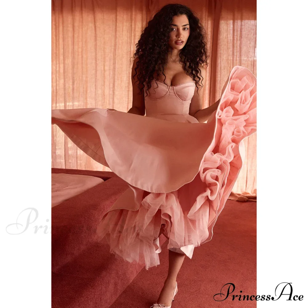 Satin Tulle Flare Charming Strap Cupped Midi Dress - Image 8