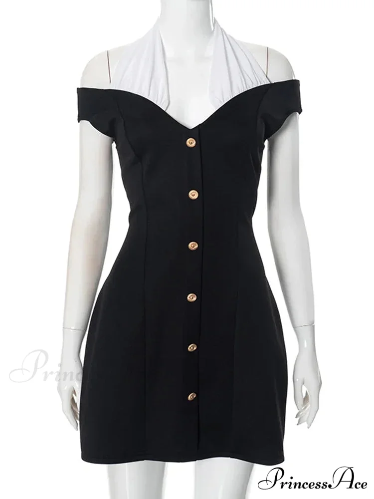 Black Off-Shoulder Contrast Charming Halter Buttoned Mini Dress - Image 3