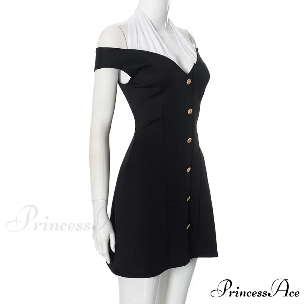 Black Off-Shoulder Contrast Charming Halter Buttoned Mini Dress - Image 4
