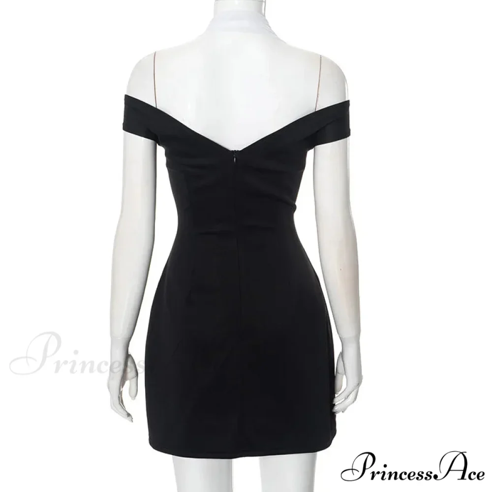 Black Off-Shoulder Contrast Charming Halter Buttoned Mini Dress - Image 5