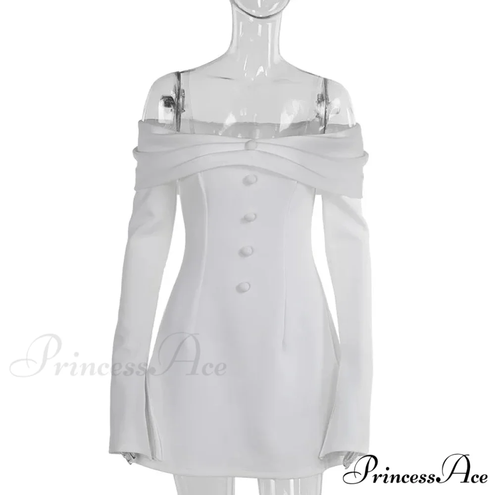 Off-Shoulder Solid Long Charming Sleeve Buttoned Mini Dress - Image 4