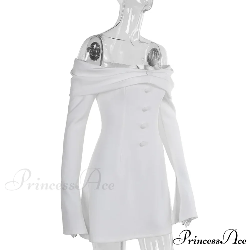 Off-Shoulder Solid Long Charming Sleeve Buttoned Mini Dress - Image 5