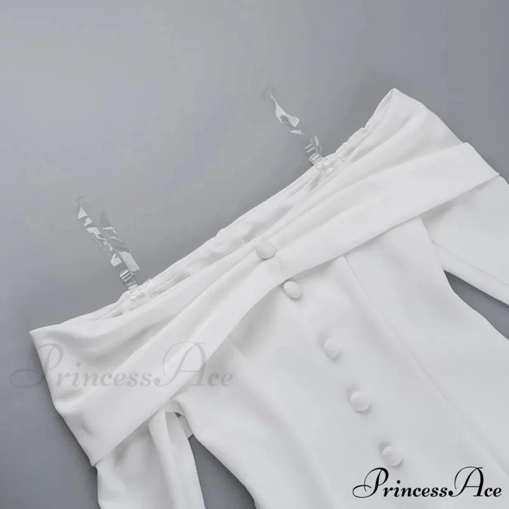 Off-Shoulder Solid Long Charming Sleeve Buttoned Mini Dress - Image 6