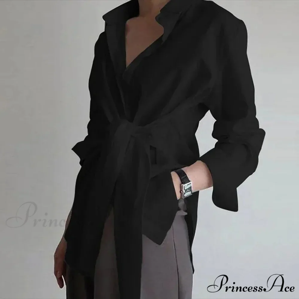 Thin Button Gathered Lace-Up Blouse - Image 2