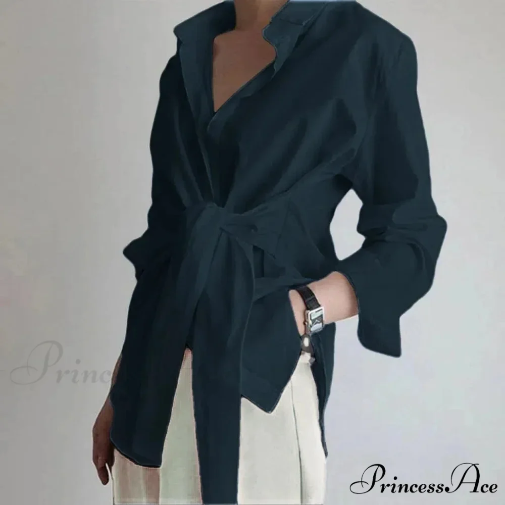 Thin Button Gathered Lace-Up Blouse - Image 3