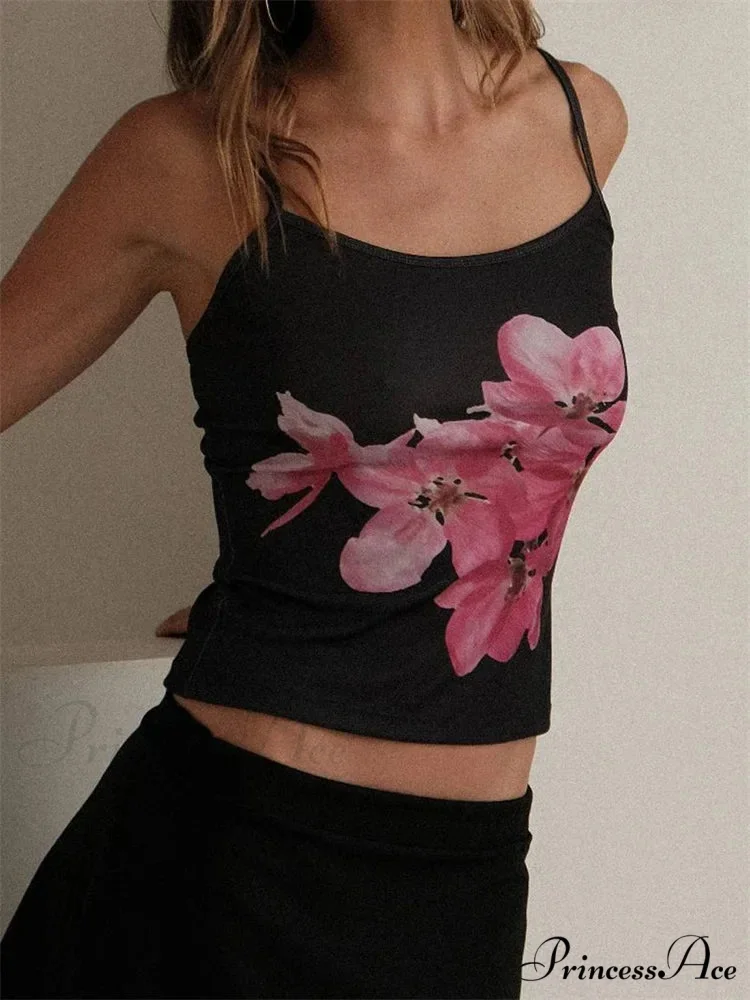 Thin Floral Pattern Spaghetti Strap Crop Top - Image 2