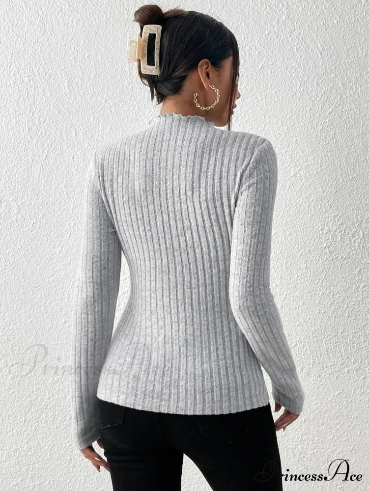 Thin Frill Neck Lace Mid-Collar Striped Sweater Knit Top Women - Image 2