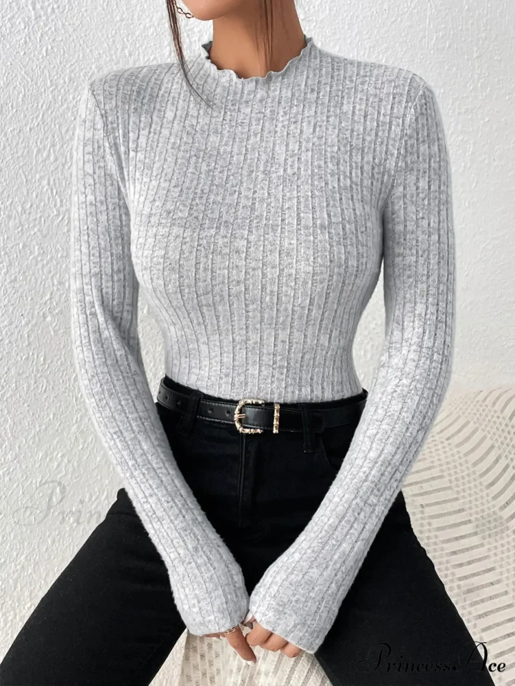 Thin Frill Neck Lace Mid-Collar Striped Sweater Knit Top Women - Image 3