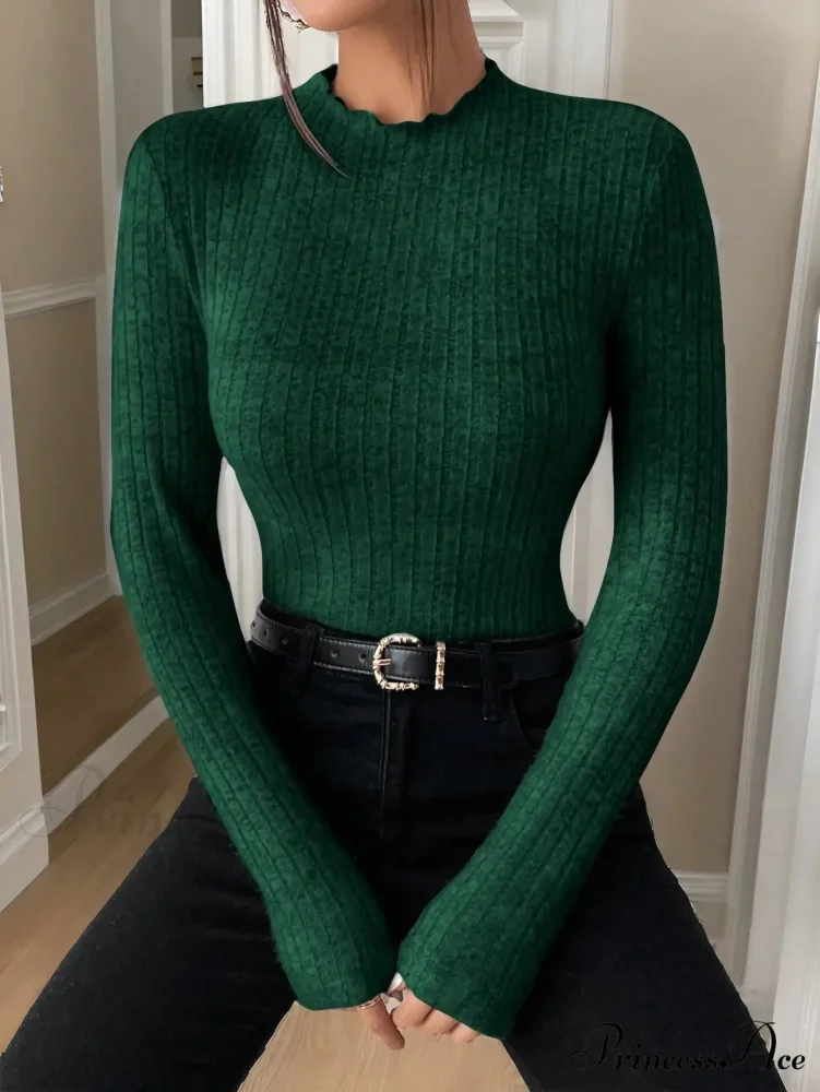 Thin Frill Neck Lace Mid-Collar Striped Sweater Knit Top Women - Image 9