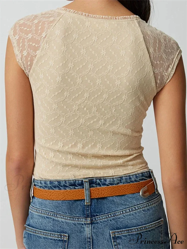 Thin Lace Patchwork Low-cut Crop Top - Image 3