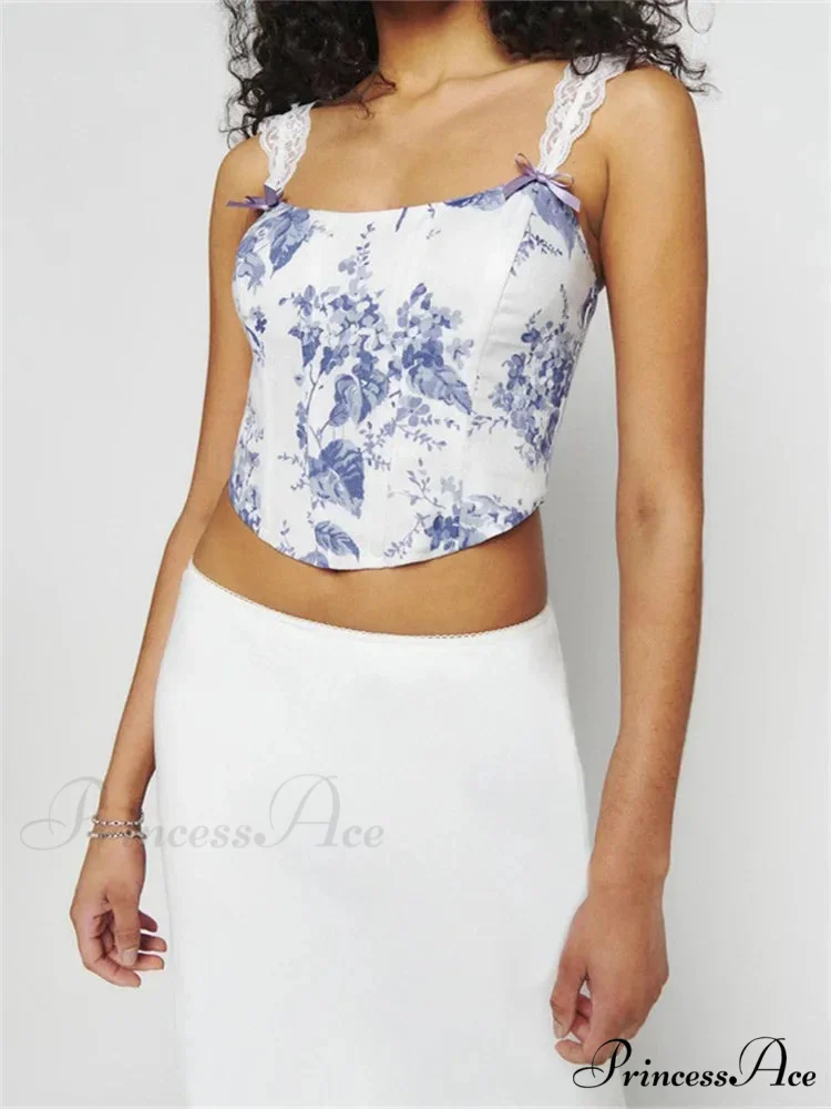 Thin Lace Strap Checkered Floral Print Crop Top - Image 3