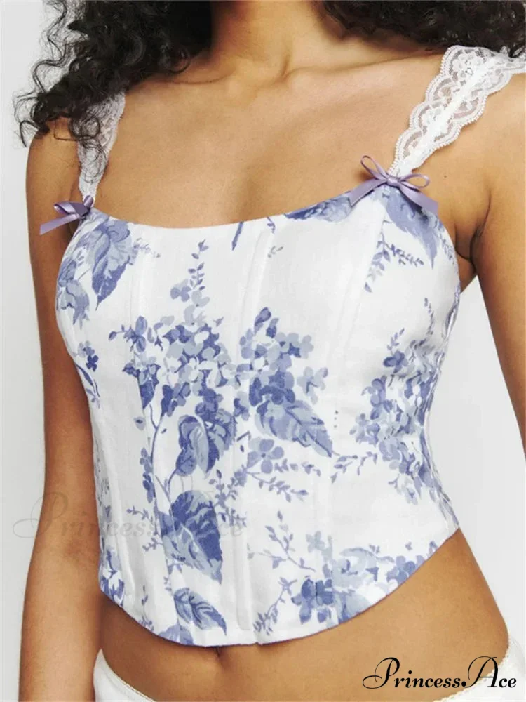 Thin Lace Strap Checkered Floral Print Crop Top - Image 5