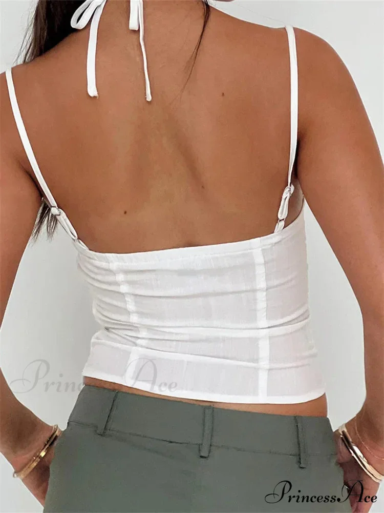 Thin Lace Trim Halter Bind Backless Crop Top - Image 2