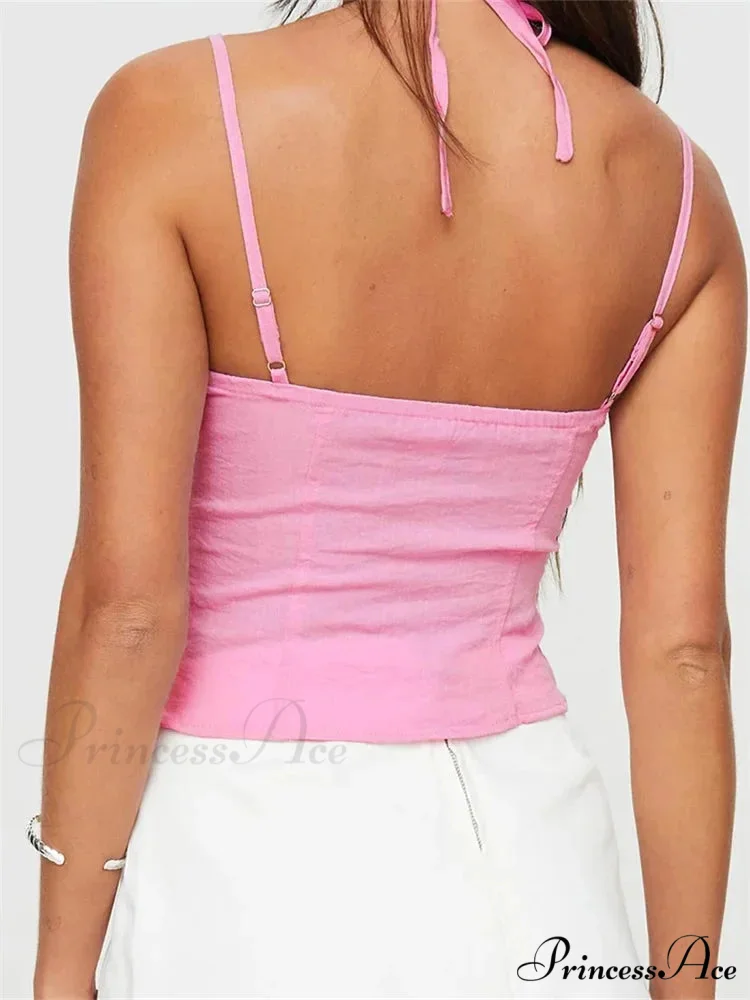 Thin Lace Trim Halter Bind Backless Crop Top - Image 5