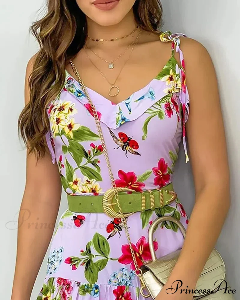 Thin Strap Flowered Lined Mini Dress - Image 2