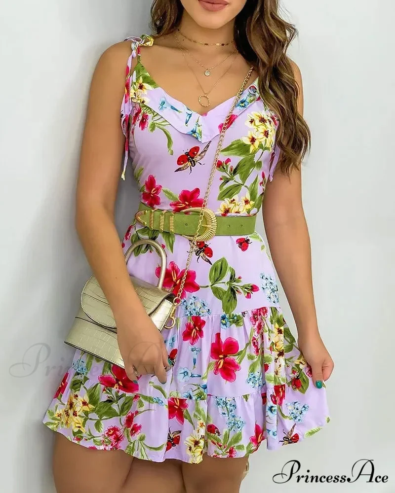 Thin Strap Flowered Lined Mini Dress - Image 3
