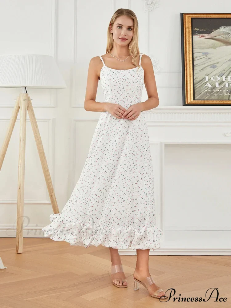 Thin Strap Frilled Long Sweet Sling Bubble Hem A-line Floral Dress - Image 2