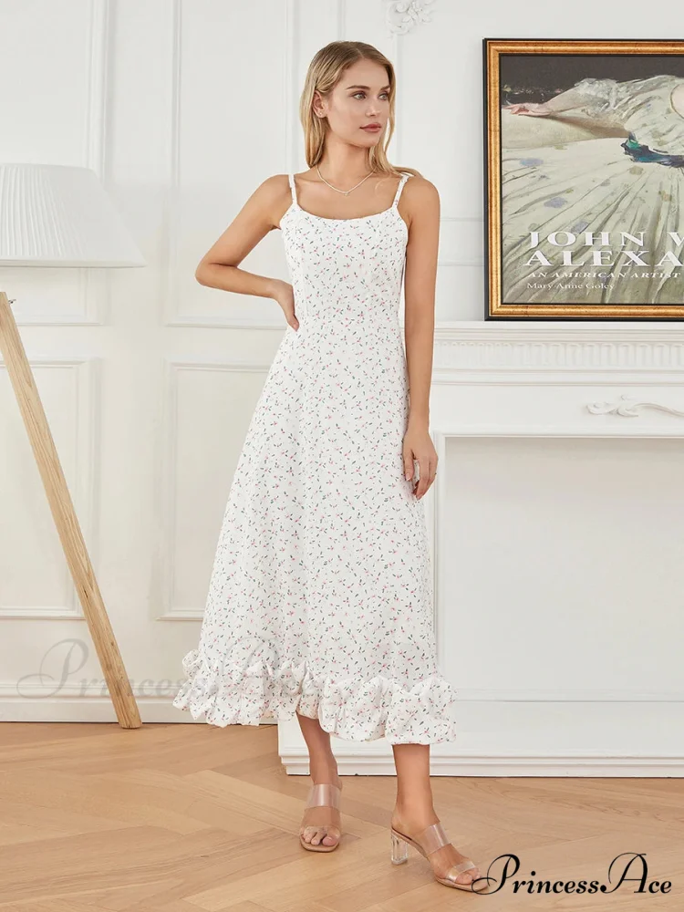 Thin Strap Frilled Long Sweet Sling Bubble Hem A-line Floral Dress - Image 3