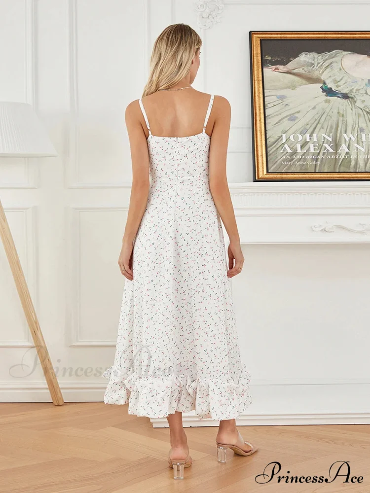 Thin Strap Frilled Long Sweet Sling Bubble Hem A-line Floral Dress - Image 6