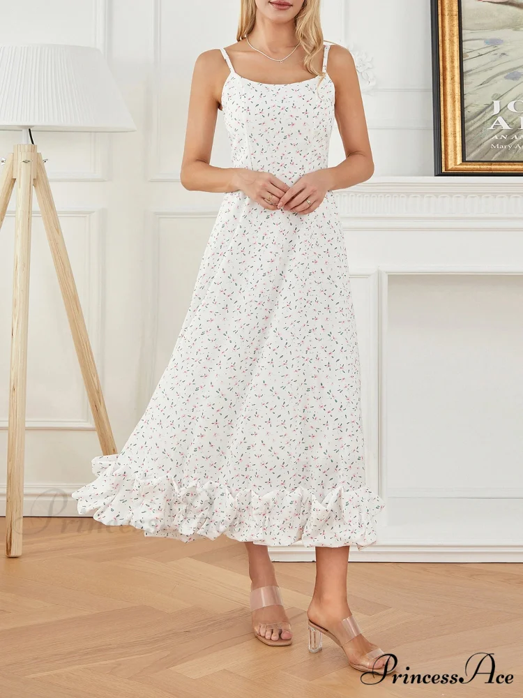 Thin Strap Frilled Long Sweet Sling Bubble Hem A-line Floral Dress - Image 7