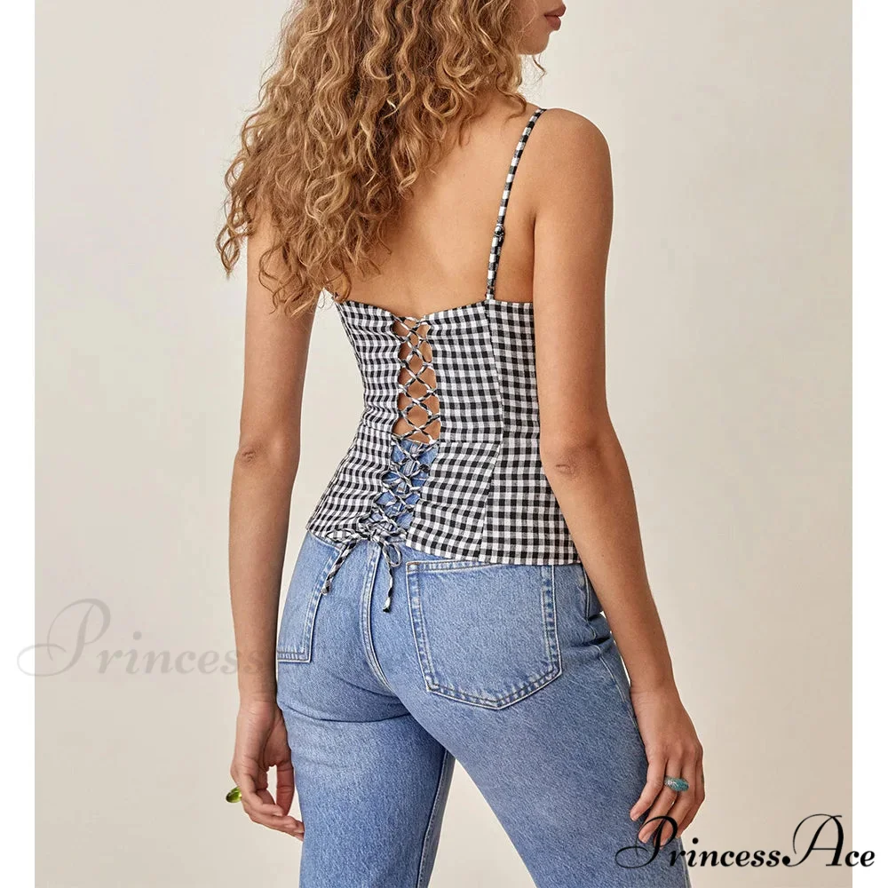 Thin Strap Front Button Checked Lace Up V Neck Informal Crop Top - Image 2