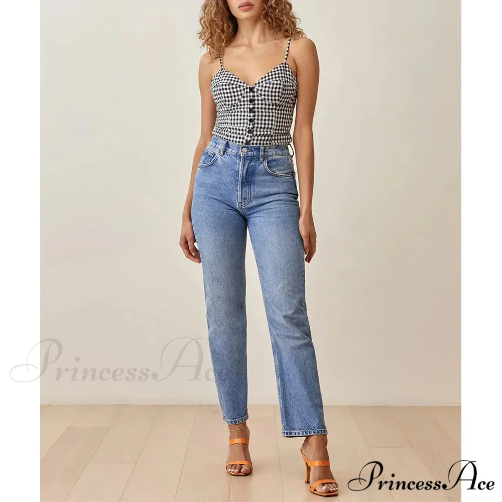 Thin Strap Front Button Checked Lace Up V Neck Informal Crop Top - Image 3