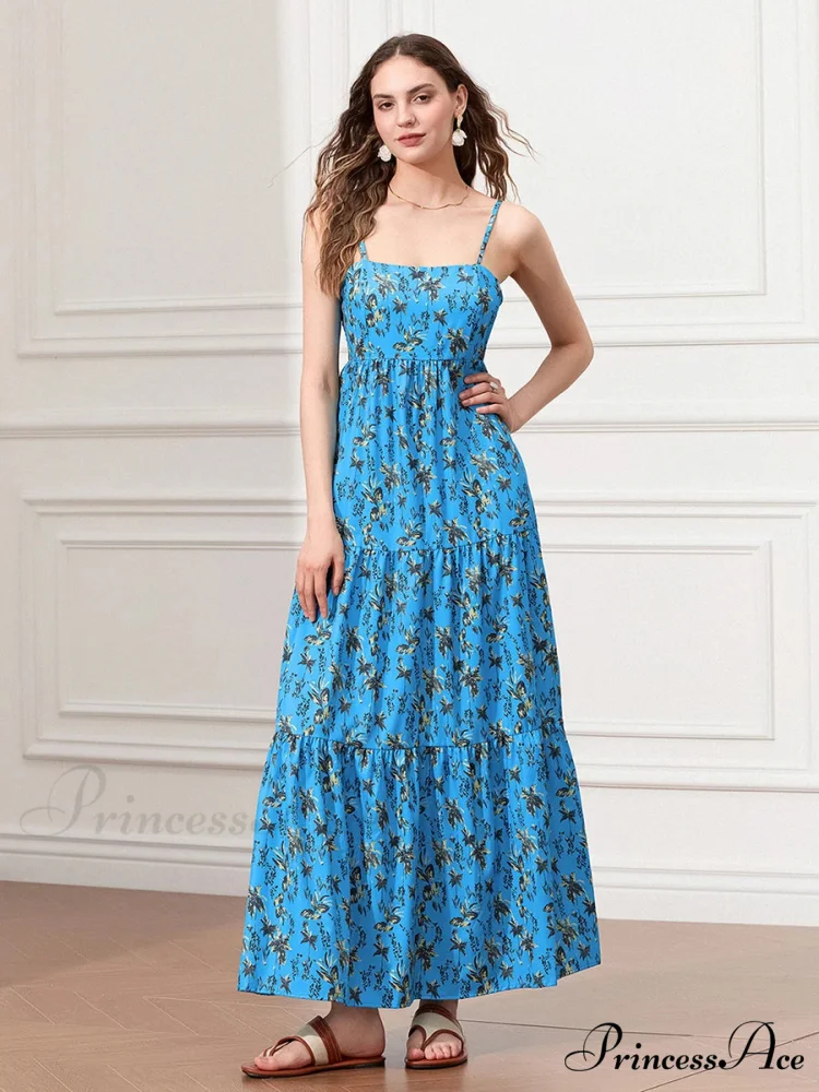 Thin Strap Gathered Open-Back Flowy Seaside Holiday Floral Dress - Image 2