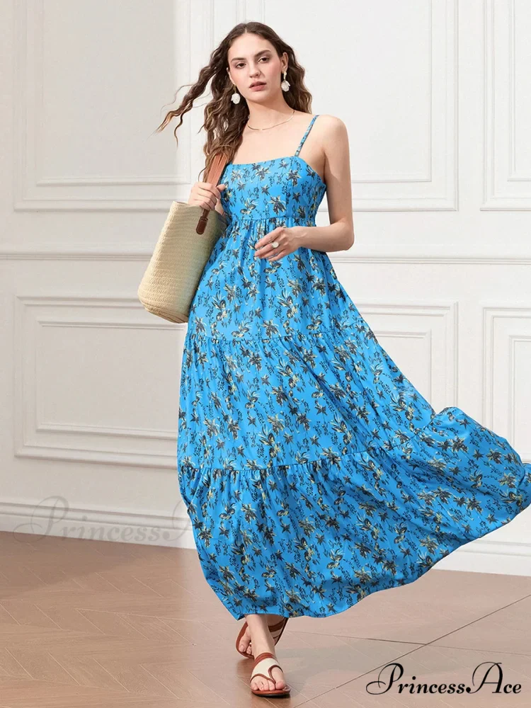 Thin Strap Gathered Open-Back Flowy Seaside Holiday Floral Dress - Image 4