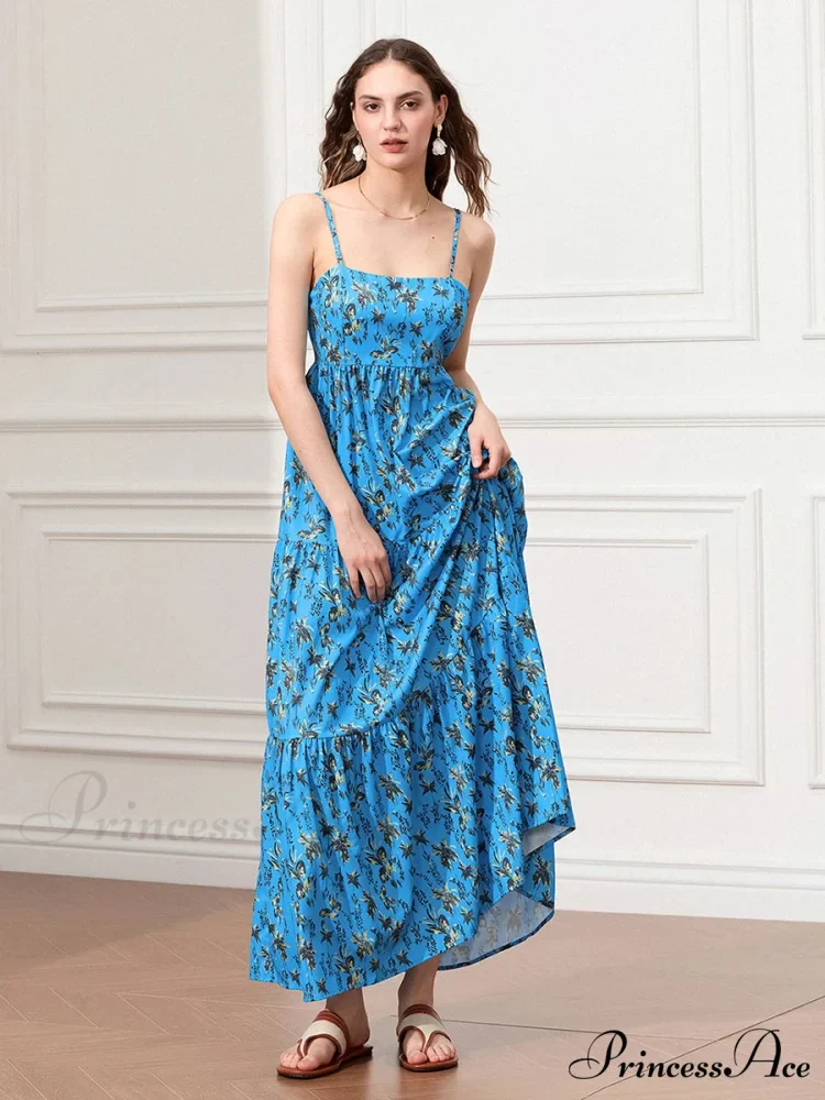 Thin Strap Gathered Open-Back Flowy Seaside Holiday Floral Dress - Image 5