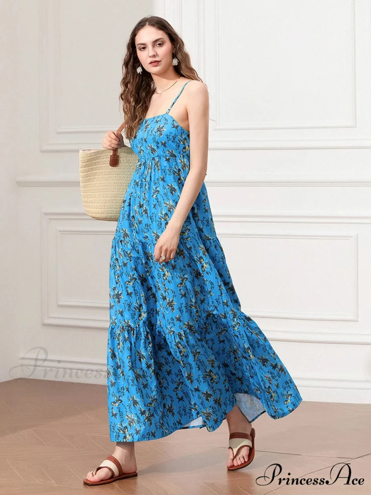 Thin Strap Gathered Open-Back Flowy Seaside Holiday Floral Dress - Image 6