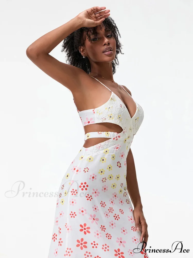 Thin Straps Sophisticated Open-Back Ribbon Crisscross Floral Dress - Image 2
