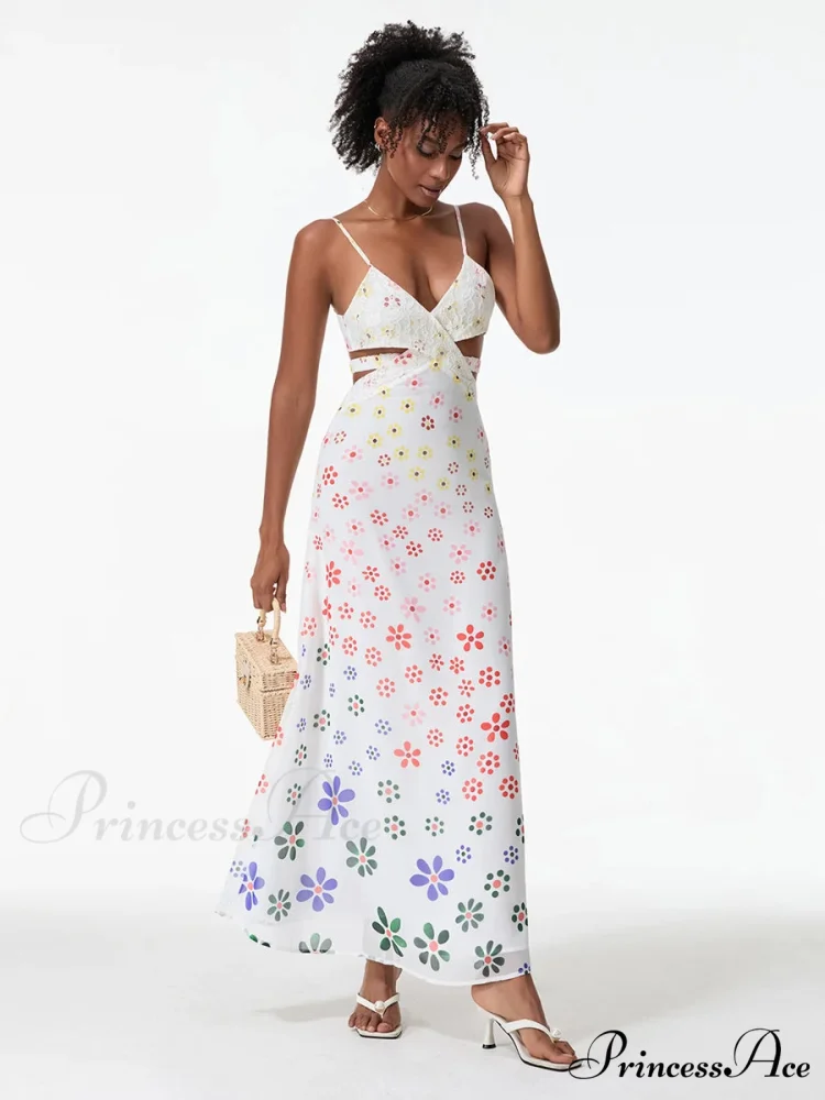 Thin Straps Sophisticated Open-Back Ribbon Crisscross Floral Dress - Image 3