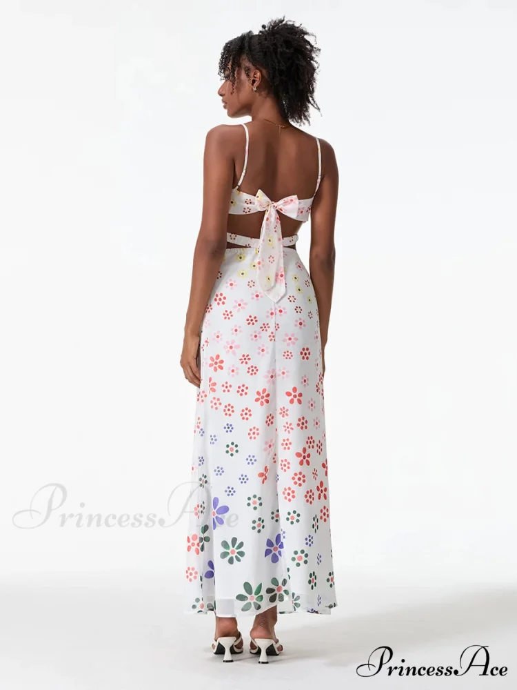 Thin Straps Sophisticated Open-Back Ribbon Crisscross Floral Dress - Image 4