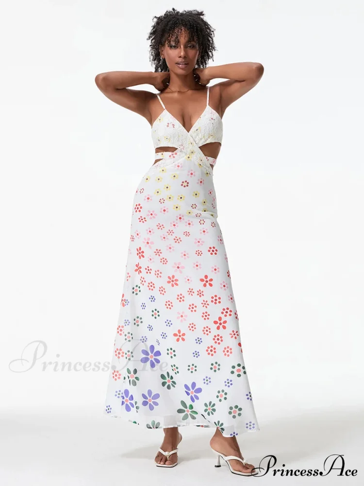 Thin Straps Sophisticated Open-Back Ribbon Crisscross Floral Dress - Image 5