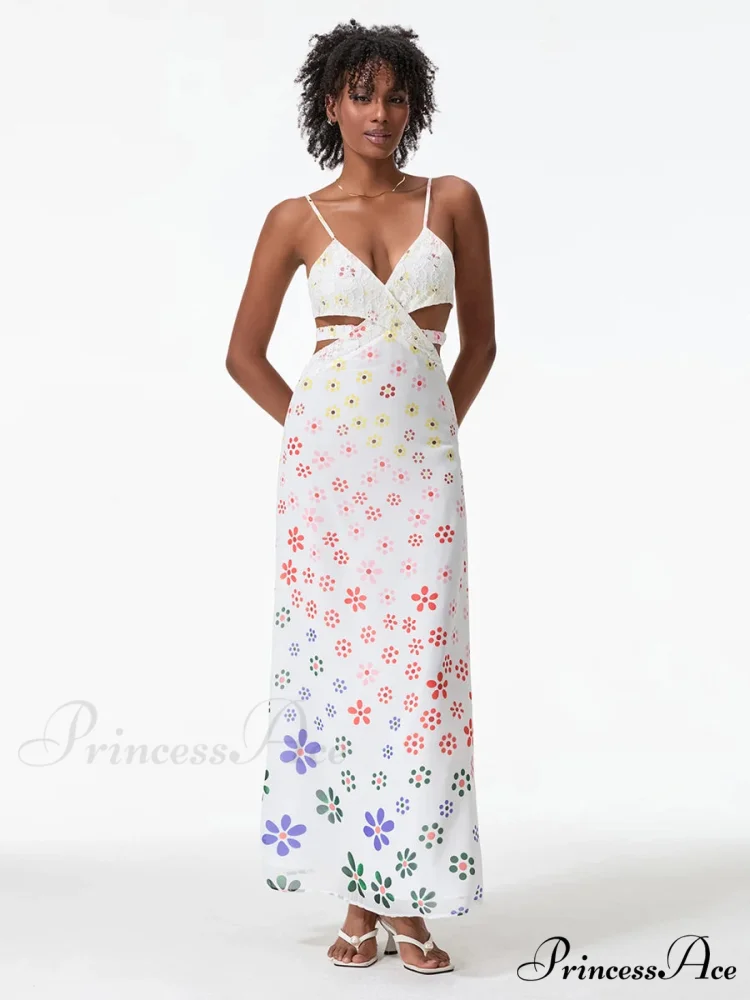 Thin Straps Sophisticated Open-Back Ribbon Crisscross Floral Dress - Image 6