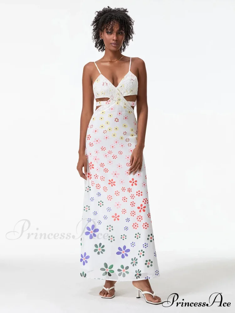 Thin Straps Sophisticated Open-Back Ribbon Crisscross Floral Dress - Image 7