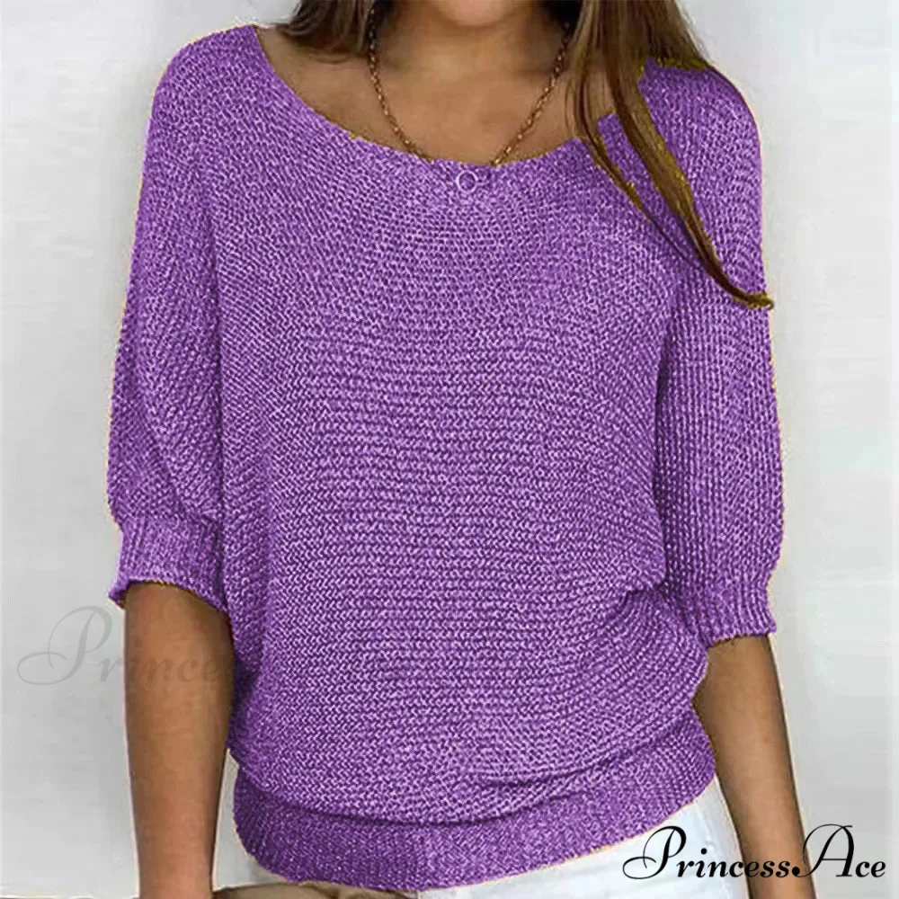 Three - Quarter Sleeve Sophisticated Violet Sweater - Image 4