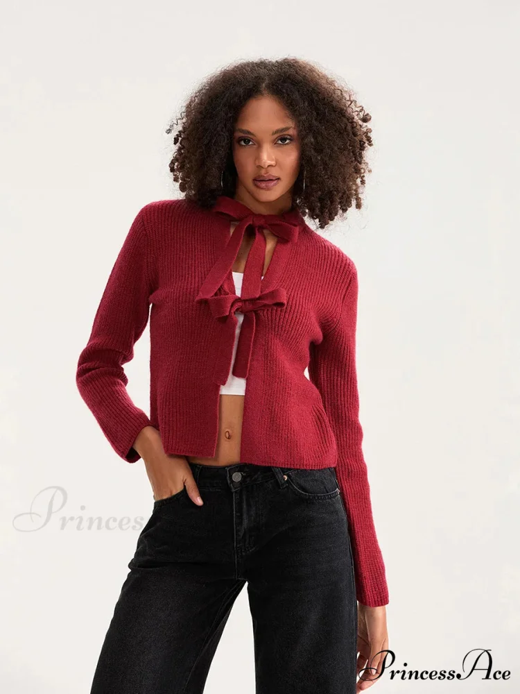Tie Front Crew Neck Knit Cardigan - Image 10