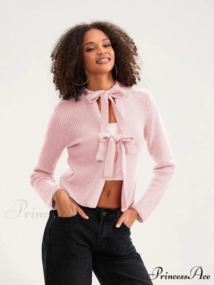 Tie Front Crew Neck Knit Cardigan - Image 11