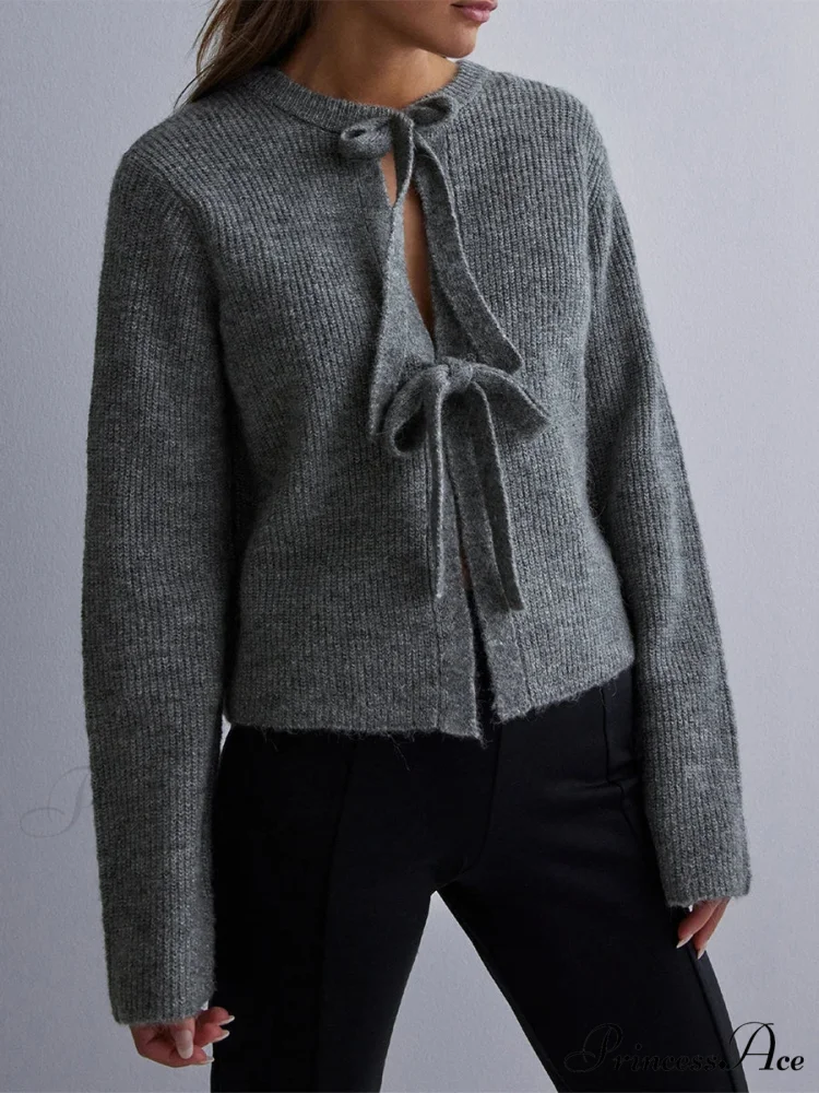Tie Front Crew Neck Knit Cardigan - Image 13