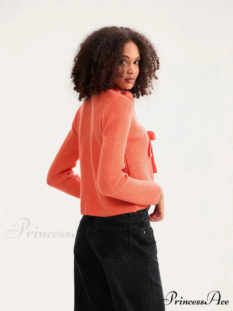 Tie Front Crew Neck Knit Cardigan - Image 2
