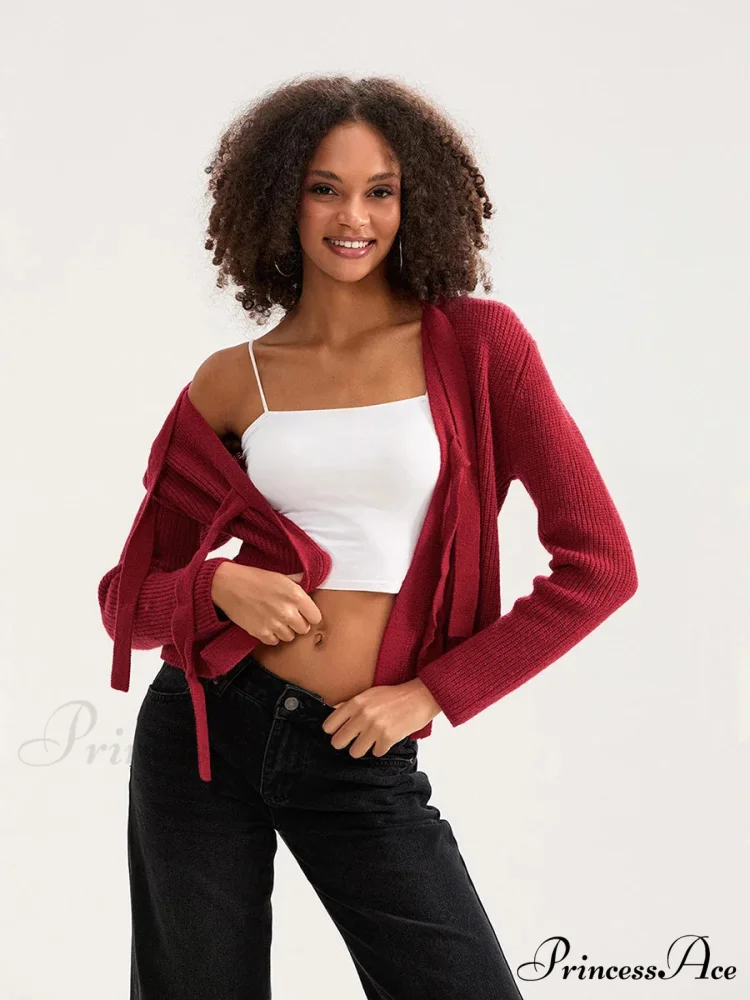 Tie Front Crew Neck Knit Cardigan - Image 3
