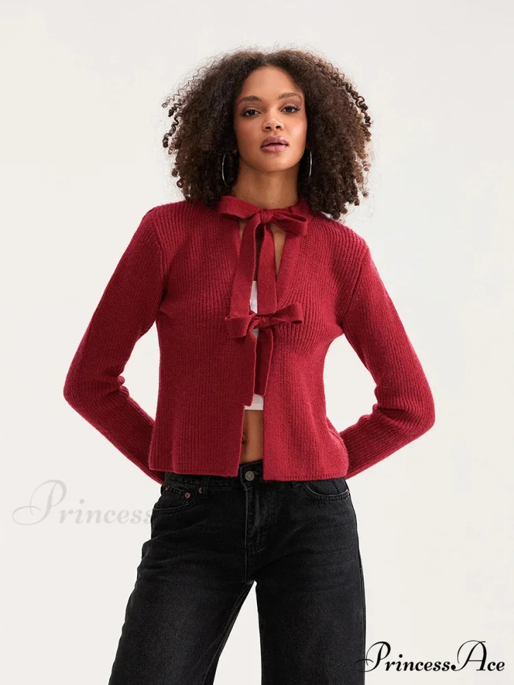 Tie Front Crew Neck Knit Cardigan - Image 4