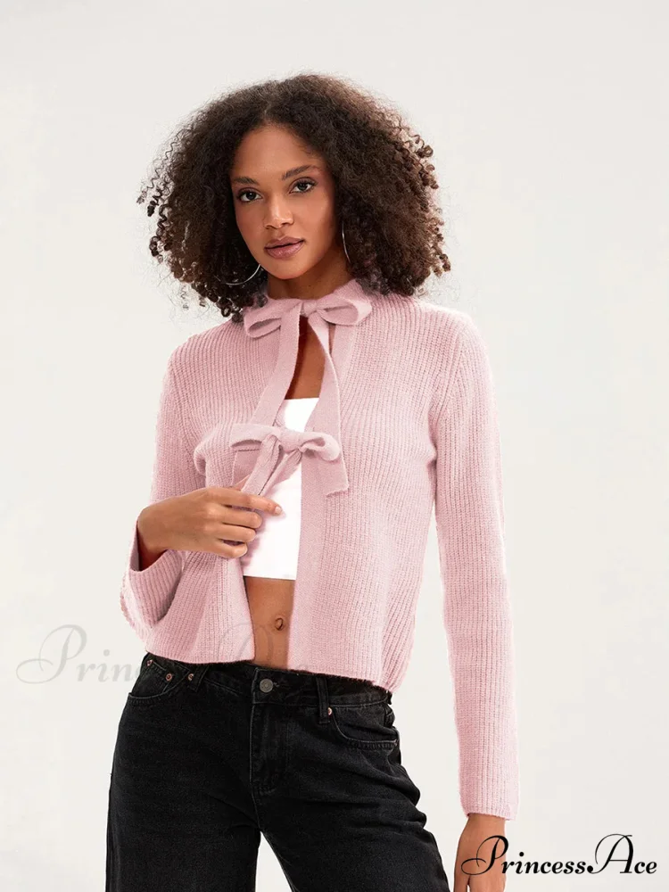 Tie Front Crew Neck Knit Cardigan - Image 5