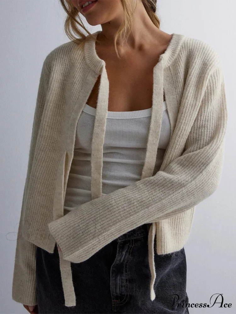 Tie Front Crew Neck Knit Cardigan - Image 7