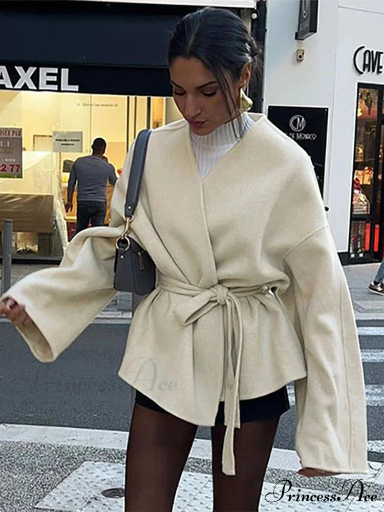 Tie Lace-Up V-Neck Belted Overcoat - Image 2