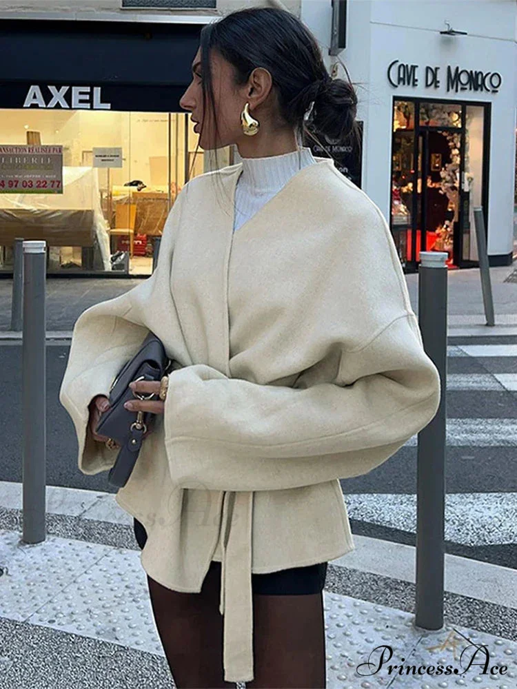 Tie Lace-Up V-Neck Belted Overcoat - Image 3