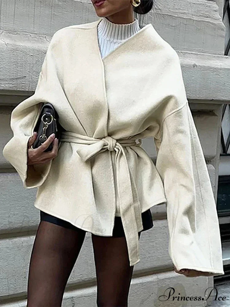 Tie Lace-Up V-Neck Belted Overcoat - Image 4