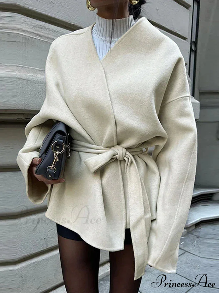 Tie Lace-Up V-Neck Belted Overcoat - Image 5