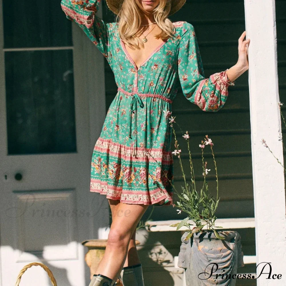 Tie Neck Flower Pattern Long Sleeve Cultural Cotton Mini Boho Dress - Image 2